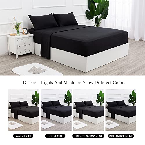 Image of 4 Piece Bed Sheet Set (Full,Black) 1 Flat Sheet,1 Fitted Sheet and 2 Pillow Cases,Brushed Microfiber Luxury Bedding with Deep Pockets