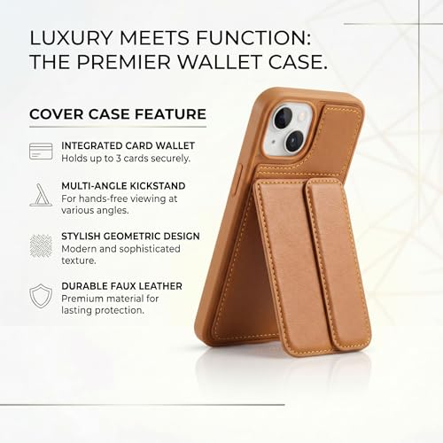 Image of amazon basics Luxury Vegan Leather Back Cover for iPhone 15 | Built-in Card Holder Slot | Integrated Mobile Stand | Slim Shockproof Protective Case with Stitched Finish - Tan