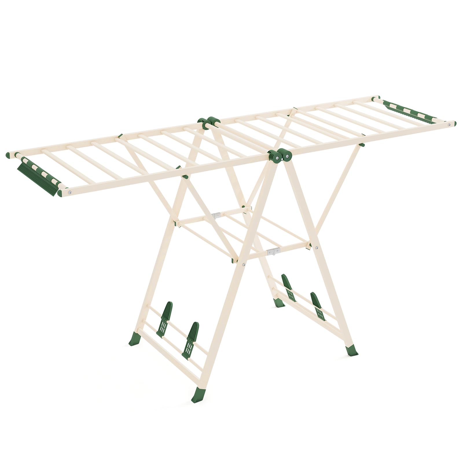 COSTWAY Foldable Clothes Drying Rack, 2-Level Clothes Airer Dryer Horse with Height-Adjustable Wings, Sock Clips and Shoe Racks, Indoor Outdoor Freestanding Metal Laundry Rack (Beige, 184x56x99-168cm)