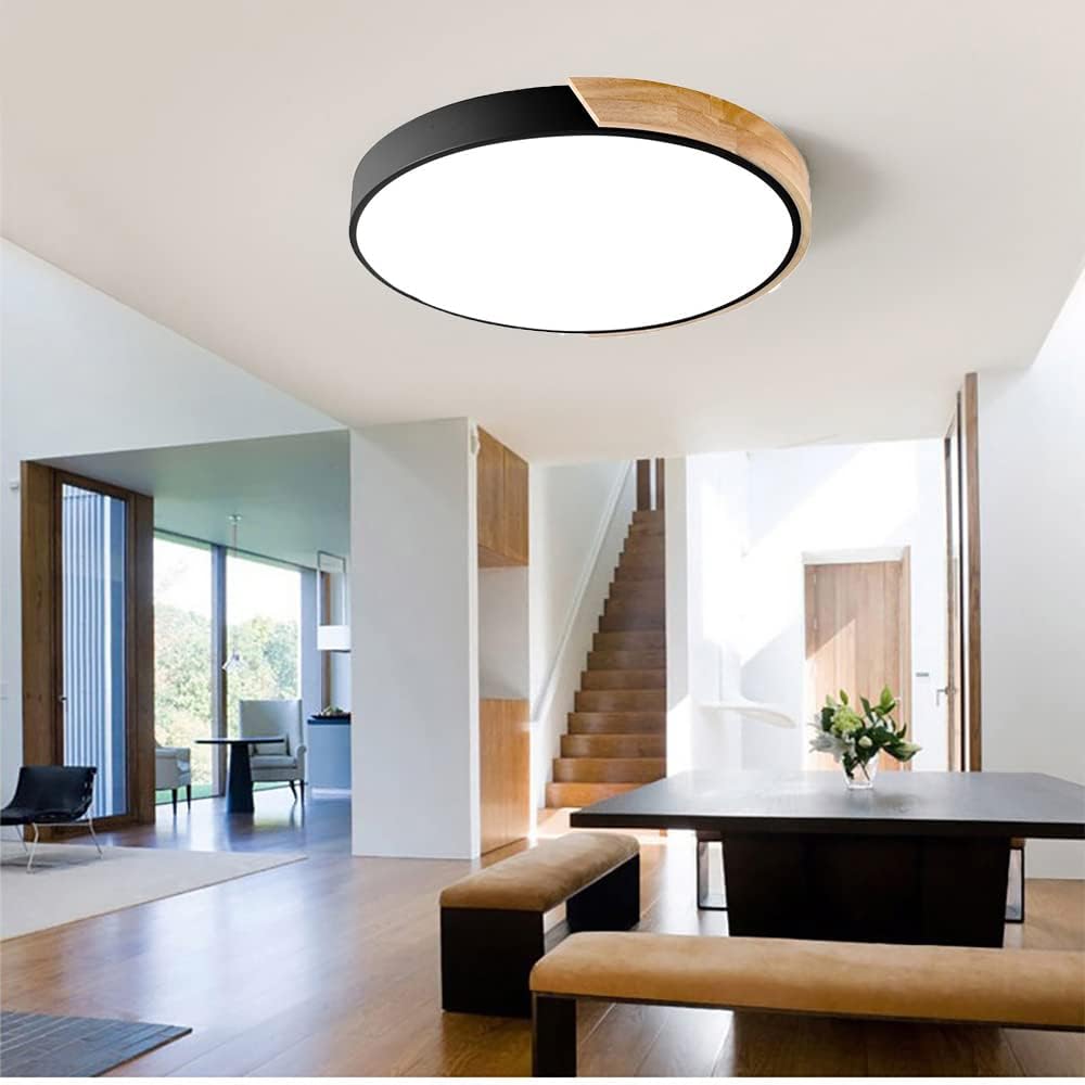 Dimmable LED Flush Mount Ceiling Light Fixture with Wood 12W 9Inch Modern Close to Ceiling Lamp for Bedroom