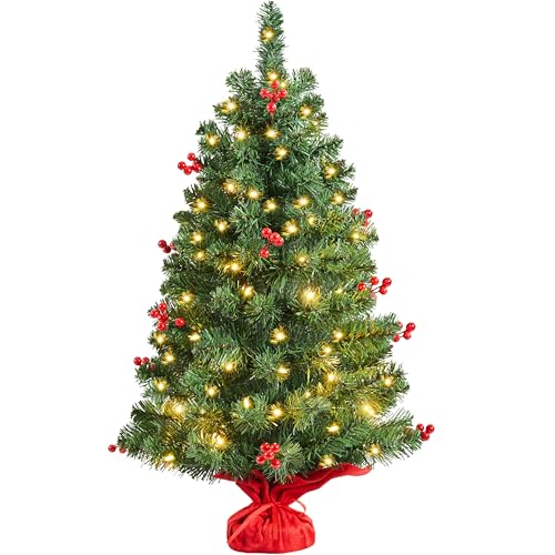Yaheetech 3ft Prelit Tabletop Mini Christmas Tree with LED Warm Toned Lights Portable Holiday Decoration Artificial Tree with Red Berries 1 Pack