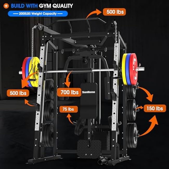 SunHome Smith Machine, 2000LBS Power Cage Squat Rack with Smith Bar, Two LAT Pull-Down Systems, Cable Crossover Machine and and More Cable Attachment for Home Gym