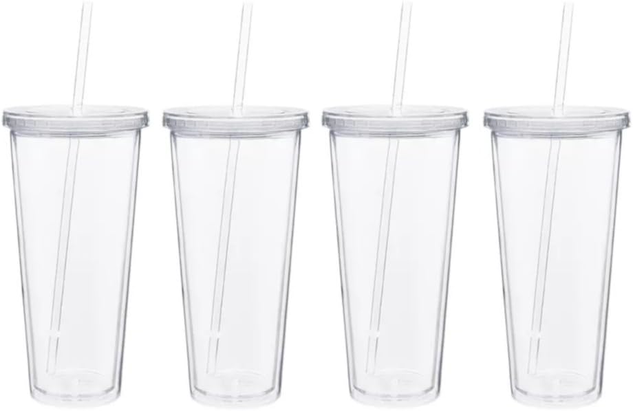 22oz. Double Wall Tumbler Cup Clear with lids and straws - Set of 4