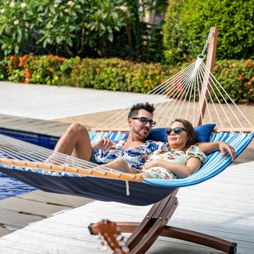 Image of Lazy Daze Hammocks 12 FT Quilted Fabric Double Hammock with Spreader Bars, Detachable Pillow and Carabiners, 450lbs Weight Capacity, Mixed Blue Stripes