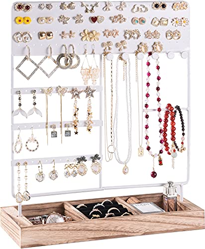 Earring Holder ,7-Tier Ear Stud Holder ,Jewelry Organizer Display Stand Jewelry Holder with Wooden Tray for Earrings Necklaces Bracelets Watches and Rings,Earring Display Stand with 132 holes (White)