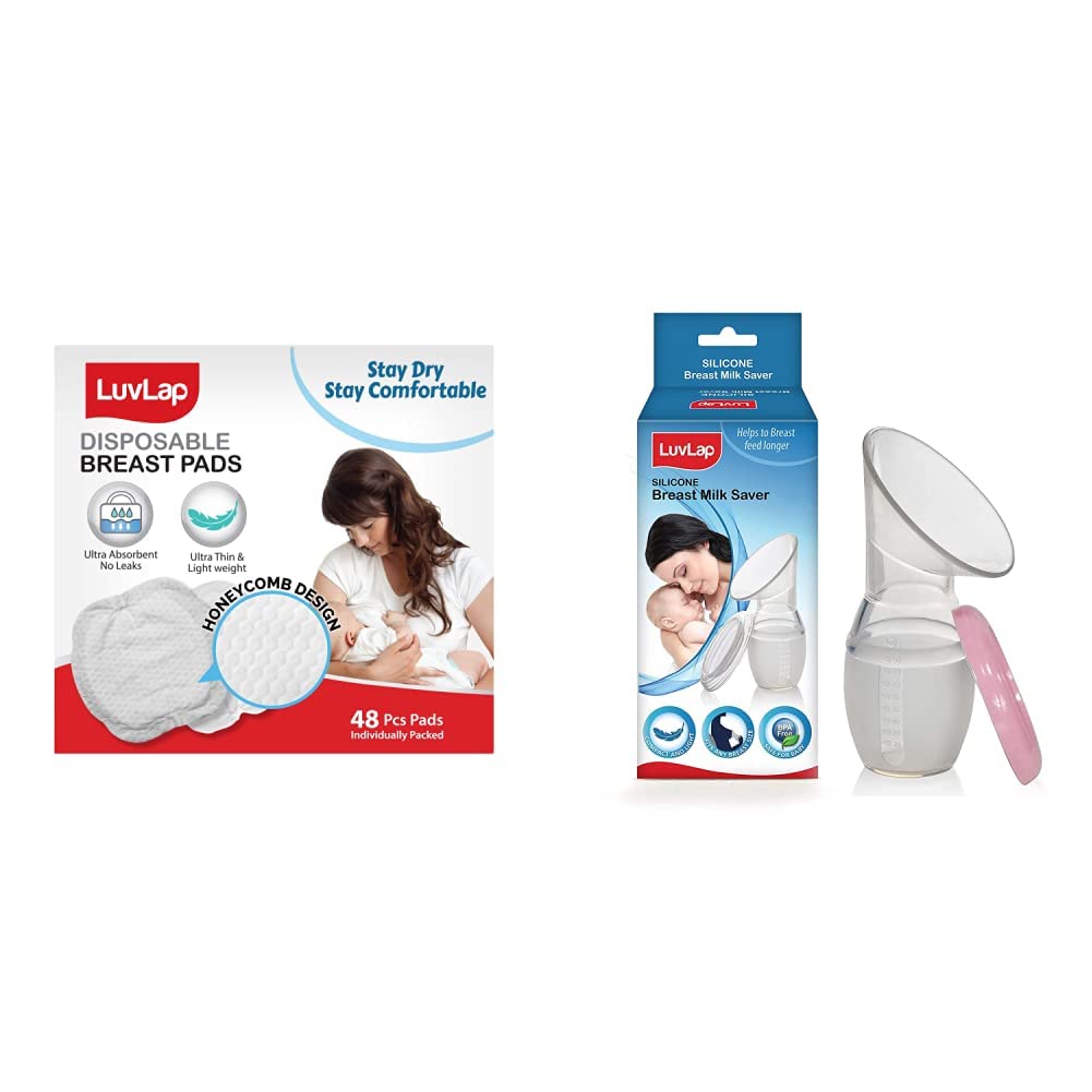 LuvLap Ultra Thin Honeycomb Nursing Breast Pads, 48pcs, Disposable, High Absorbent, Discreet Fit & LuvLap Breast Milk Catcher/Saver Pump, Food Grade, 100% Silicone, 100ml-image-42