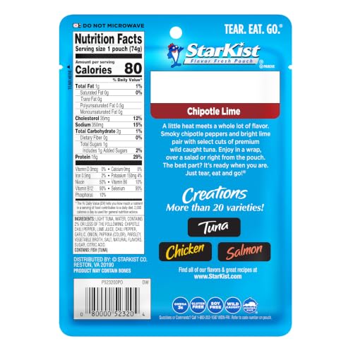 Image of StarKist Tuna Creations Chipotle Lime Pouch (2.6 oz - 1 Pack) Wild Caught, Shelf Stable Seafood, 16g of Lean Protein, Soy & Gluten Free, No Draining, Ready-to-Eat Tuna for Salads, Sandwiches & Ramen