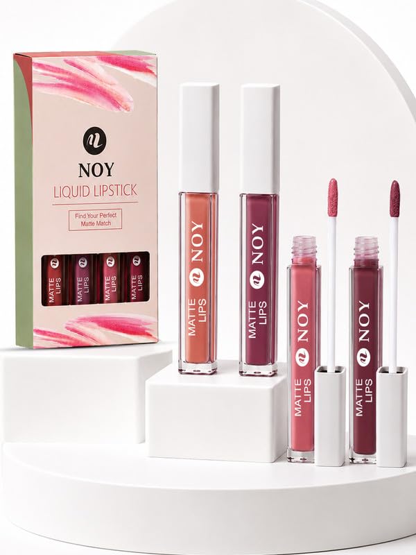 Image of Noy Matte Liquid Lipstick Combo Velvety Matte Texture for a Luxe Finish - Creamy Nude, Nude Pink, Tan Nude, Dark Maroon Shades Pack of 4