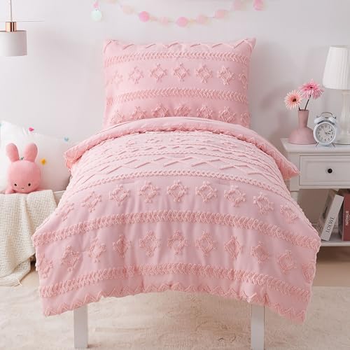 Image of Pink Toddler Bedding Set for Girls 4-Piece Boho Tufted Toddler Comforter Set Jacquard Tufts Bed-in-a-Bag Crib Toddler Bed Sheet Set for Kids with Comforter, Flat Sheet, Fitted Sheet, Pillowcase | Toddler Bedding Set, Toddler Comforter, Toddler Sheets Set, Crib Bedding Set, Toddler Bed Set, Toddler Girl Bed Set