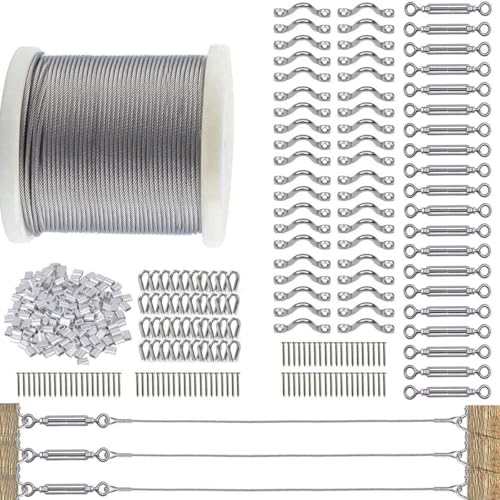TooTaci Câble en Acier Inoxydable 3mm/122M Câbles Métalliques avec M5 Tendeurs de Fil, Kit de Cable Garde-Corps pour Rambarde, Idéal pour Jardin,...