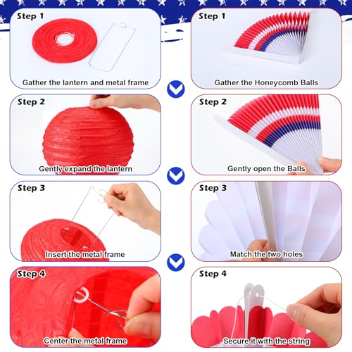 Image of Retisee 18 Pcs 4th of July Party Decorations Patriotic Independence Day Hanging Decorations Paper Lanterns Red White Blue 250th Anniversary Fan Honeycomb for Memorial Day Veterans Party Ornament