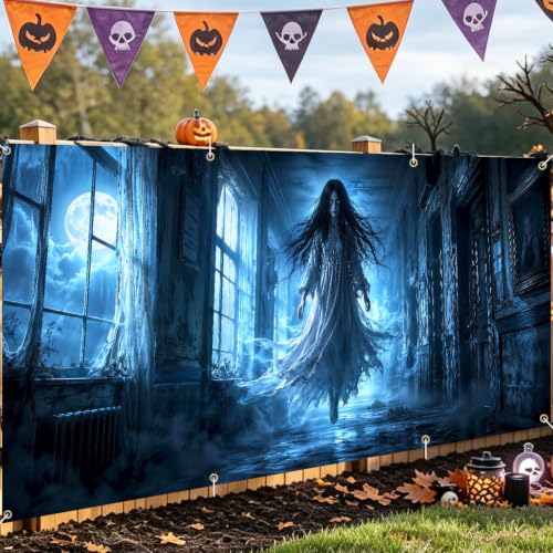 Image of Halloween Garage Door Decorations 6 x 13 ft, Ghost Hall Cover