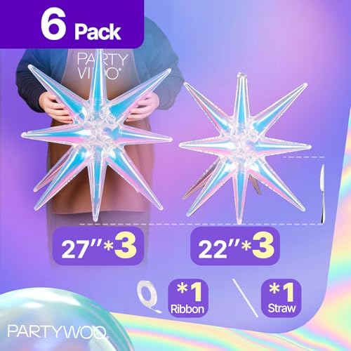 Image of PartyWoo Iridescent Star Spike Balloons 6pcs Explosion Foil Mylar Balloons