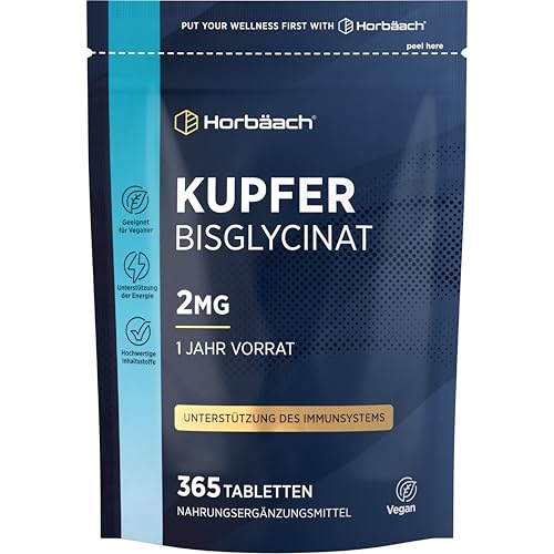 Kupfer Tabletten 2mg pro tablette | Bisglycinat | 1 Jahr Vorrat - 365 Vegan Tabletten | Hochdosiert | Kupferbisglycinat | Horbaach