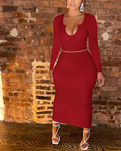 Image of Women Sexy Two Piece Skirt Outfits Long Sleeve /Sleeveless V Neck Bodycon Ribbed Knitted Maxi Club Party Dress