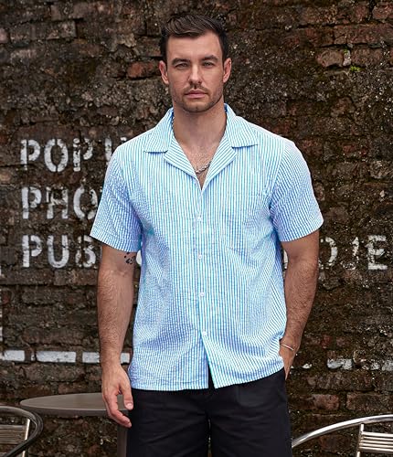 Image of VATPAVE Mens Striped Summer Shirt Casual Button Down Short Sleeve Beach Shirts Cotton Shirts for Men