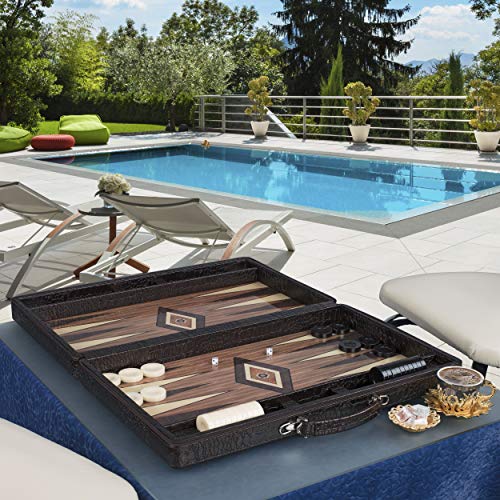 LaModaHome Star 30'' Turkish Leather Backgammon Set, Elite Vinyl Wooden Classical Design, Board Game Tavla, Mother of Pearl, Zipper Closing Mechanism, King Size, Unscratchable Adults Kids, CafÃ©