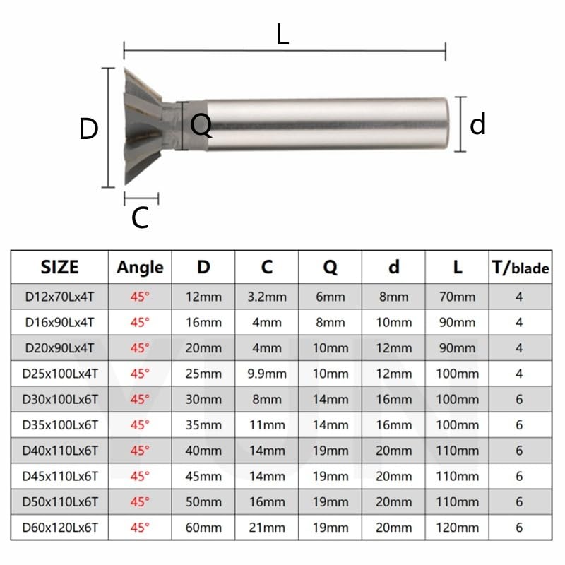 Dovetail Milling Cutter - 45° & 60° Angle T-Slot Milling Cutter, D12-60mm, Welding Insert Tungsten Carbide Tools for CNC Machine Tool(D25x100Lx4T-60)