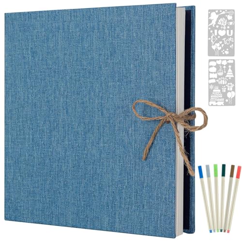 AIOR Album Fotos Autoadhesivo 60 Páginas Blanco, Lino DIY Scrapbooking Album Original para Aniversario de Boda de Oro Cumpleaños Navidad para Mujer Niña Regalos, 33x32cm (Azul)