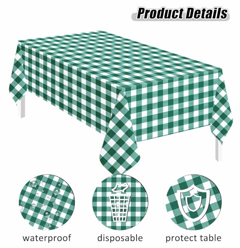 Image of SietDESEO 6 Pack Green Gingham Tablecloth Rectangle 54 x 108 Green and White Checkered Table Cloth Disposable Plaid Table Cover Plastic for Birthday Baby Shower Picnic Wedding Party Supplies