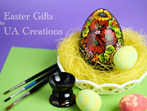 Ua Creations Hand Painted Lacquered Pysanka Wooden Egg On Holder, Large Fancy Petrykivka Ethnic Style Easter Souvenir From Ukraine In A Gift Box, Jumbo Size (Black Red And Yellow) #TOP3