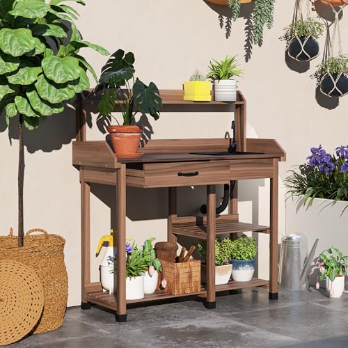 image for Outsunny Potting Bench Table, Outdoor Garden Table Wooden Work Station