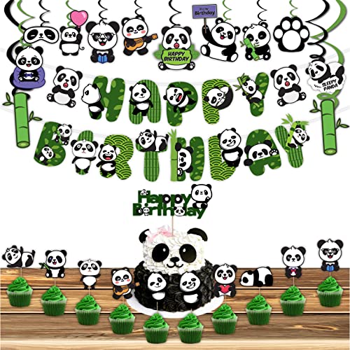 Image of FestikoCute Cartoon Panda Birthday Decoration Supplies (36 Pcs), Children Party Decoration,Girl Birthday Party Decoration Full Birthday Set Banner,Cake Topper,Cup Cake Topper & Swirls For Birthday