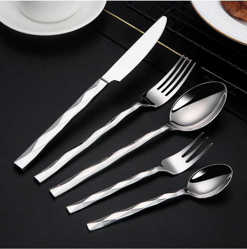 Luxury Cutlery Set With Wheat Ears Relief Carving, Royal 304 Stainless Steel Extra Thick Heavy Duty Silverware Set, Knife Fork Spoon Set For Kitchen Wedding Party Restaur(Silver-5 Pieces for 1)