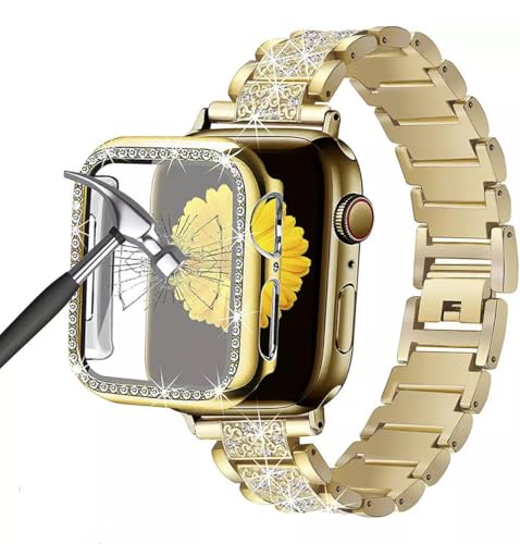 Cadeau Bracelet iWatch 10 42mm Doré Cristal et Boîtier Protecteur