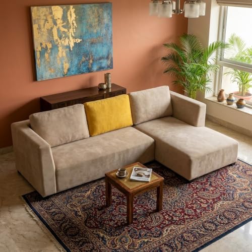 Image of FURNY Olympus 4 Seater RHS L Shape Sofa Set | Plush Velvet Suede Fabric | Modern Design | Soft Comfort Dual Color Cushions for Living Room, Office & Hotels (Beige-Yellow)