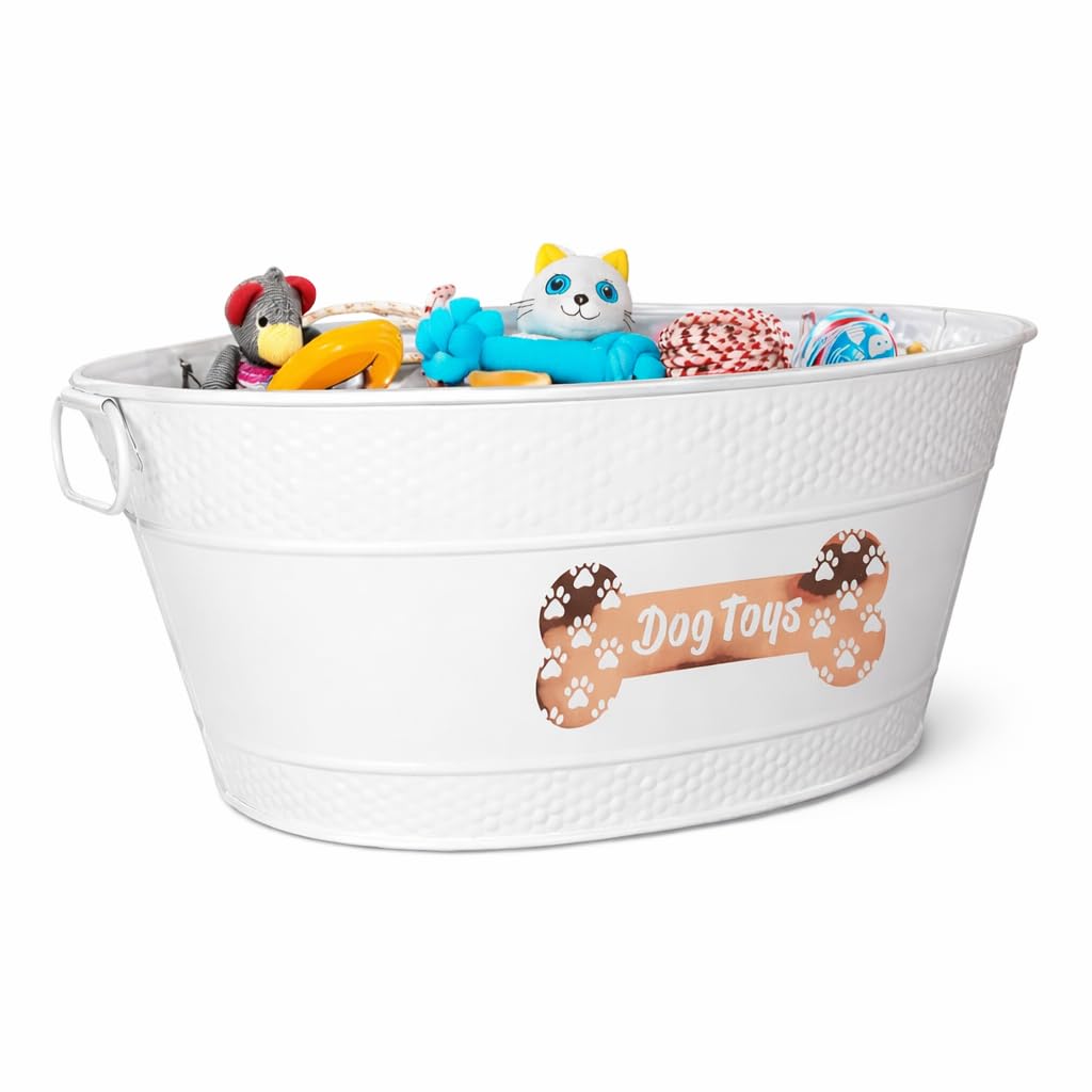 BREKX Indestructible Dog Toy Bin with Dog Bone Print, White, Galvanized Glossy, Stainless Steel, 18" x 13" x 7.5", 15-Quarts
