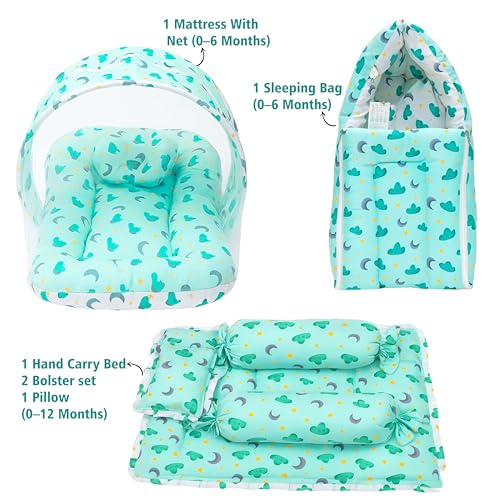 Image of Fareto Combo of Baby Bed with Net | Carry Bag | 4 Pcs Bedding Set (0-6 Months, Baby Size, Cotton) (Cloud Green)