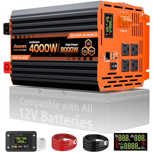 Jlouneo 4000W Pure Sine Wave Inverter 12V DC to 110V/120V AC Heavy Duty Power Inverter for Home Backup Off-Grid Solar RV Truck with 4 AC Outlets Dual LCD Display Remote Control Hardwire Port