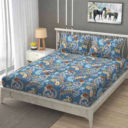 Image of Vram Premium Heavy Cotton Flat Bedsheets with 2 King Size Pillow Covers || Double Bed 350 TC || 90 x 100 Inch King Size Flat || :- Blue Jaipuri