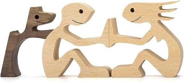Pet Lover Gifts Wood Sculpture, Family & Puppy Wooden Crafts Sculpture, Unique Gift Hand Carved Wood Dog Human Statue, Pet Lover Gifts Wood Sculpture (Couple and Dog)