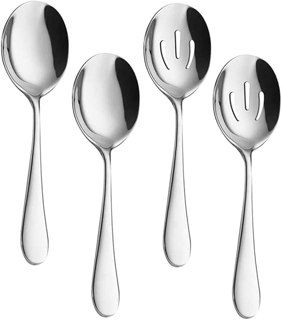 Serving Spoons x 2, Slotted Spoons x 2, YFWOOD 8.7inch Utility Advanced Performance Skimmer Perforated, Stainless Steel Serving Spoons Set for Buffet Party Banquet Cooking Kitchen (Silver)