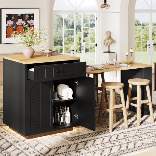 Îlot Central Cuisine avec Rangement et Plan de Travail, Meuble Cuisine Buffet Bar avec Table Extensible, îlot de Cuisine MDF 80 x 70 x 95,5 cm, 2 tiroirs 4 Portes, Noir/Blanc