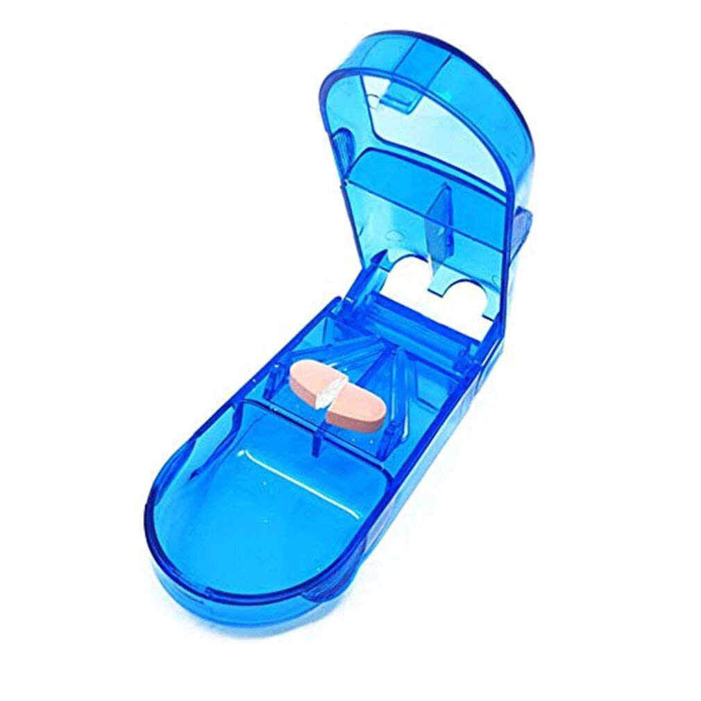 transparent Medicine Pill Case Tablet Cutter Splitter Divide Safe Storage Compartment Box, Cuts Pills, Vitamins, Tablets, Stainless Steel Blade, Travel Sized, Multicolor- (Pack of 1)