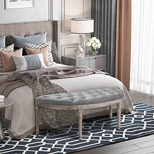 Homcom Vintage Semi-Circle End Of Bed Bench, Upholstered Bedroom Entryway Bench With Tufted Velvet-Touch Fabric With Rubberwood Legs, Gray #TOP1