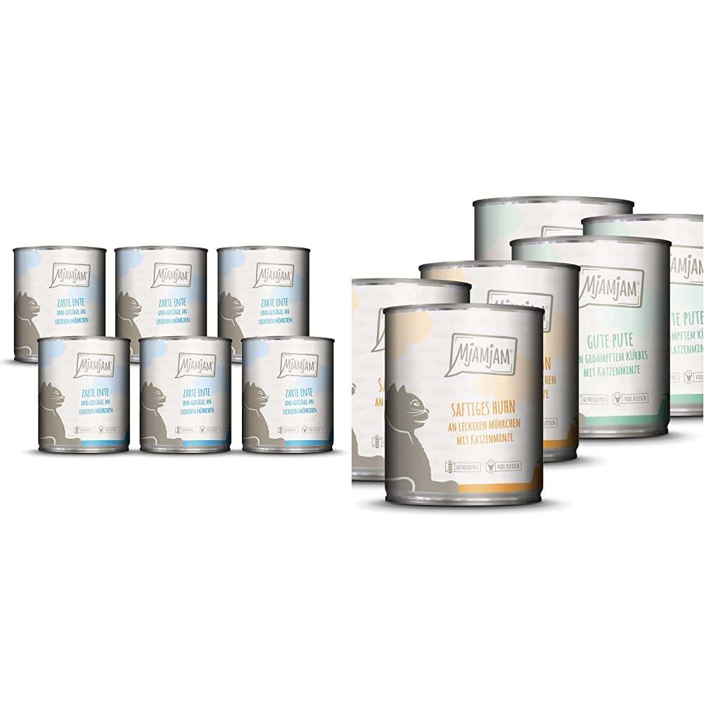 MjAMjAM - Premium Nassfutter für Katzen - zarte Ente & Geflügel an leckeren Möhrchen, 6er Pack (6 x 800 g) & Premium Nassfutter für Katzen - Monopaket 1 - mit Huhn und Pute, 6er Pack (6 x 800 g)