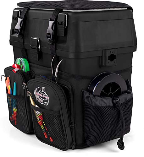 Foto von Angelkoffer Angelbox Angeltasche gepolsterte Sitzkiepe Sitzfunktion Gerätekasten mit Rucksackfunktion und aufgesetzen Taschen - inklusive 4 Tackle-Boxen für Angelzubehör Farbe Dunkel-Schwarz
