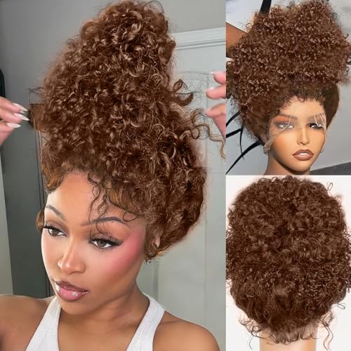 250% Density Curly Human Hair wig 13x6 Auburn Brown Mongolian Deep Transparent Lace Front Wigs for Women With Baby Hair Chocolate Curly Lace Front Wig 24 Inch
