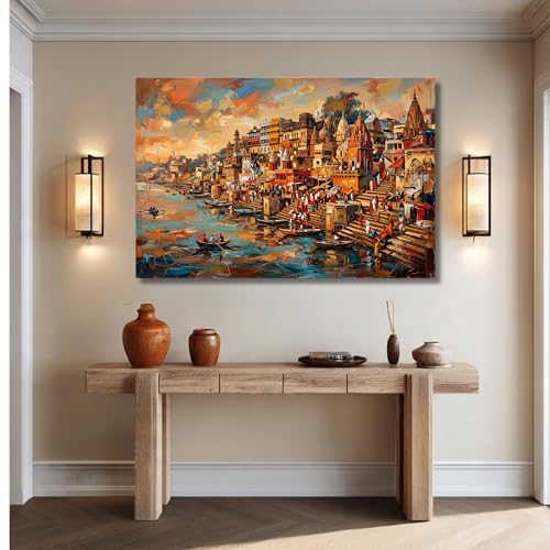 Image of Kunj Cart Premium Abstract Varanasi Ghat Painting Canvas Wall Art, Spritual Hindu God Banaras Ghat Painting Big Size Decor | Large Ganga Arti Kashi Vishwanath Artwork for Living Room, Office, Home Decoration and Wall decor (36 X 24 Inch, Unframed - LARGE)