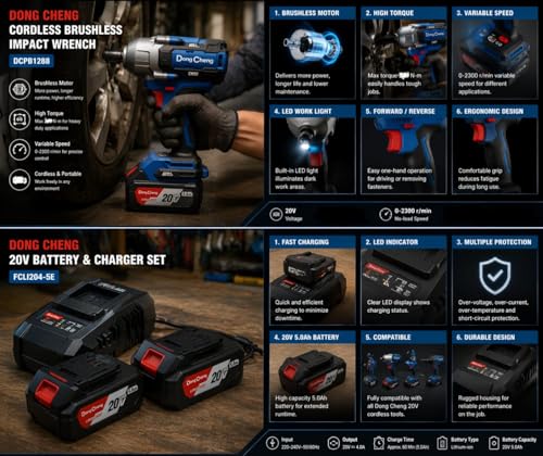Image of DongCheng 20V Cordless Impact Wrench | Brushless Motor | 1288 N.M Max Torque | 1700 N.M Nut Busting Torque | (3 /4 inch) 19mm Square Drive | 2 X 5.0Ah Lithium-Ion Battery | 1 X Charger | Heavy Duty |
