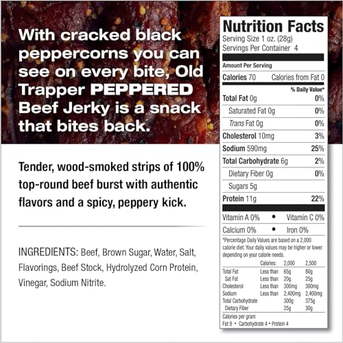 Image of Old Trapper Beef Jerky, Peppered 1 /4-Pound Individual Package, Spicy Meat Snacks for Lunches or Between Meals, 11 Grams of Protein, Zero Grams of Fat, 70 Calories per Serving (Pack of 8)