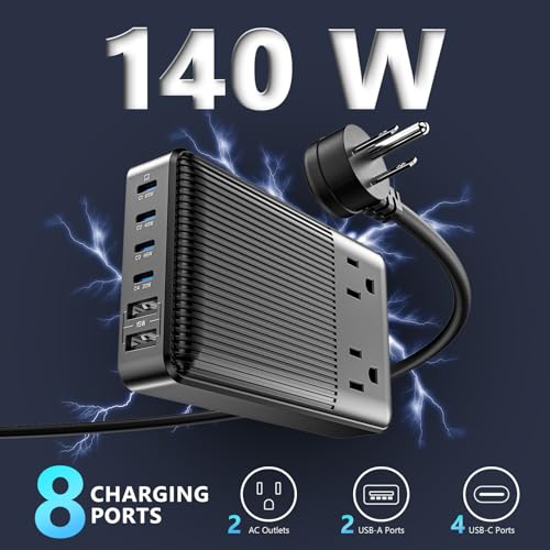 Charging Stations Flat Plug Power Strip 140W, 8-in-1 Power Strip, GaN Charger USB C Fast Charging Station with 2 AC, 4 USB C, 2 USB A, Ports, 6.5ft Extension Cord. for iPhone/MacBook/Laptop (Black)