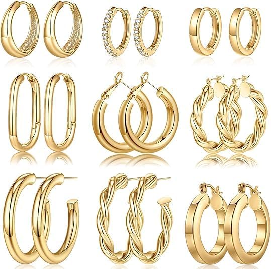 9-Piece 14K Gold Plated Hoop Earrings Set for Women, Chunky and Small Hoops for Women, Trendy Gold Jewelry Accessories, Lightweight Stackable Earrings Gifts