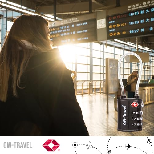 Foto von OW-Travel Kabelschloss 3 Stellig Zahlenschloss Kofferschloss Vorhängeschloss Gepäckschloss Sicherheitsschloss TSA Lock Cable USA Schloss Zahlencode für Reisekoffer Spind Rucksack Luggage:1 Schwarz