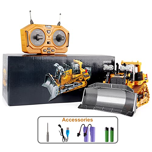 Image of Dwi Dowellin Rc Bulldozer Toys for Boys,Construction Remote Control Bulldozer with Metal bulldozing Shovel Lights /Sounds for Kids Boys