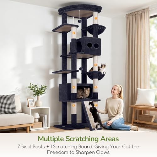 Image of Globlazer Extra Tall Large Cat Tree, 84in Multi-Level Cat Climbing Tower for Indoor Cats Large Adult, Widened Condo for Maine Coon, 7 Scratching Posts, Padded Perch, Metal Basket, S84E, Dark Grey